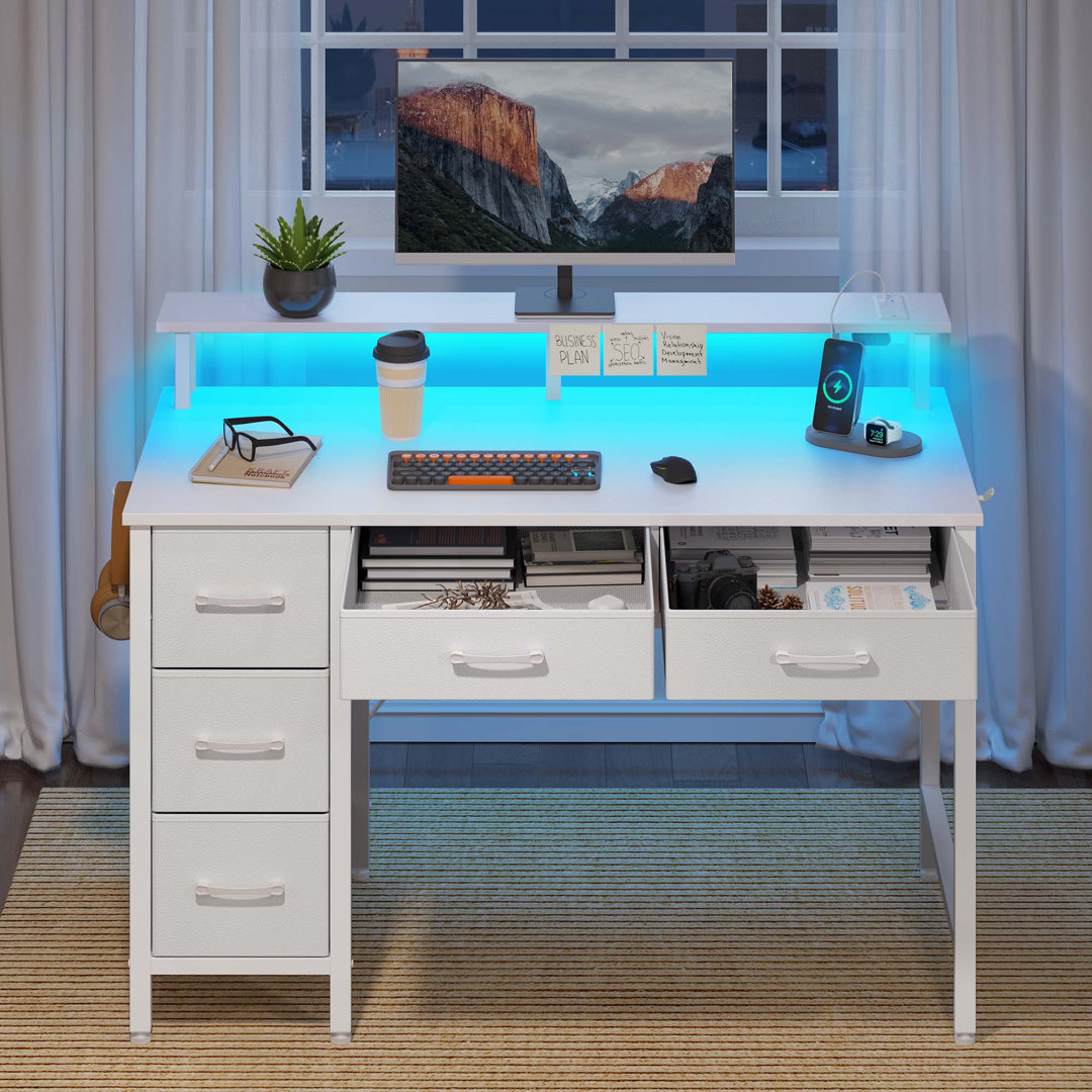 Computer Desk with Monitor Stand & Charging Station, Gaming Desk with LED Lights &  Drawers